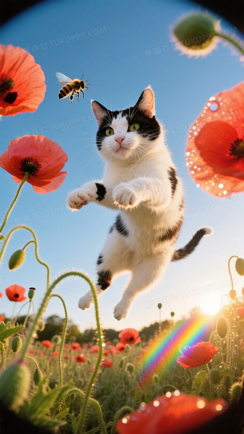 奶牛猫在虞美人花丛中腾跃抓蜜蜂