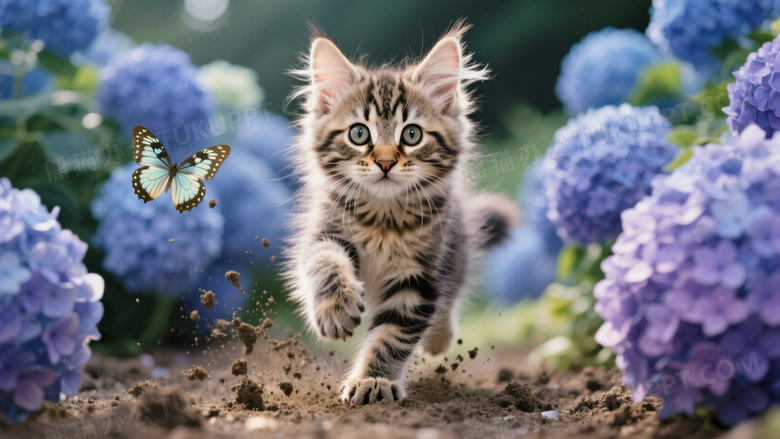 缅因猫幼崽冲进绣球花圃