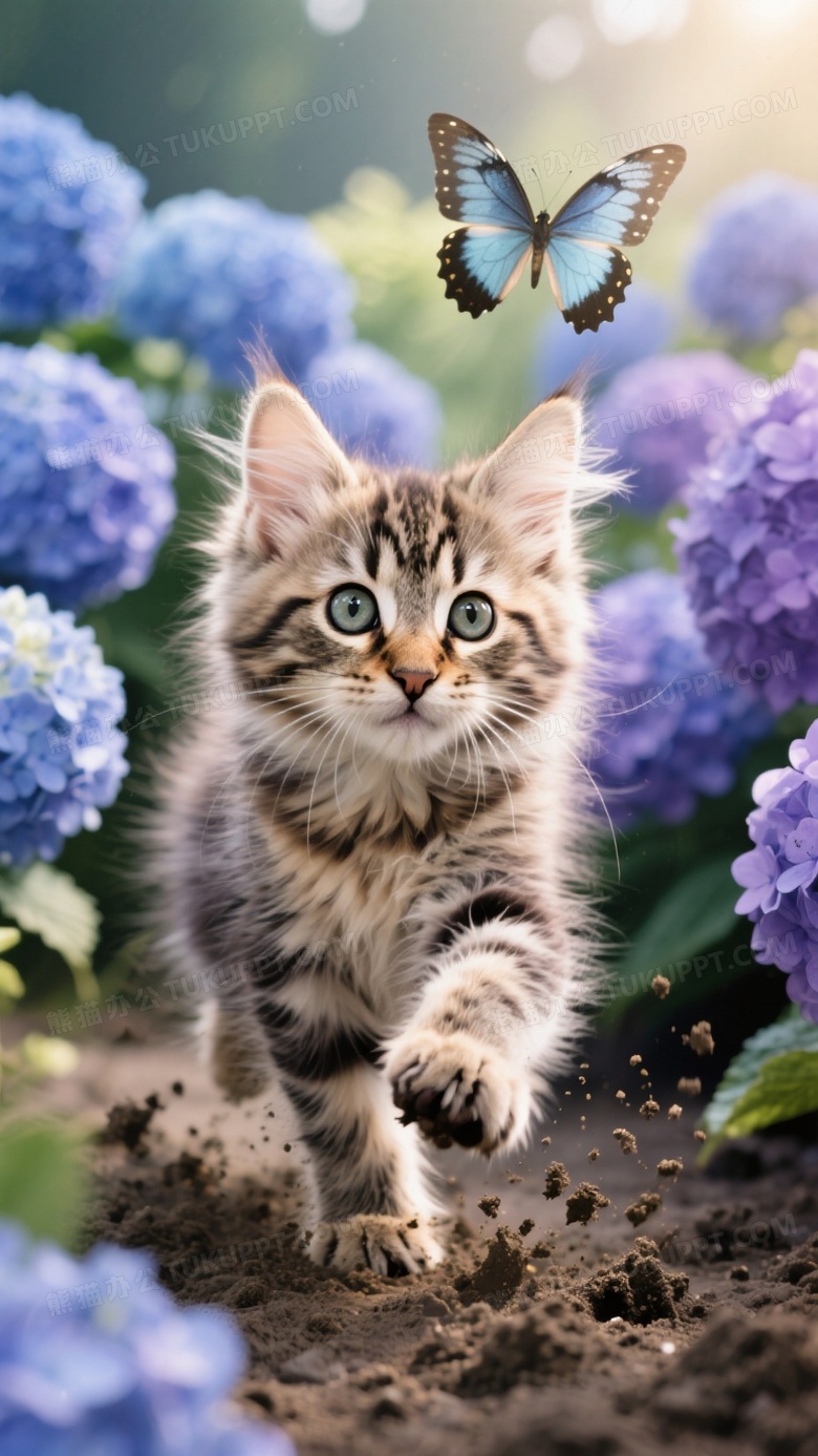 缅因猫幼崽冲进绣球花圃