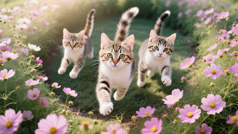 三花猫崽在波斯菊丛扑棱奔跑
