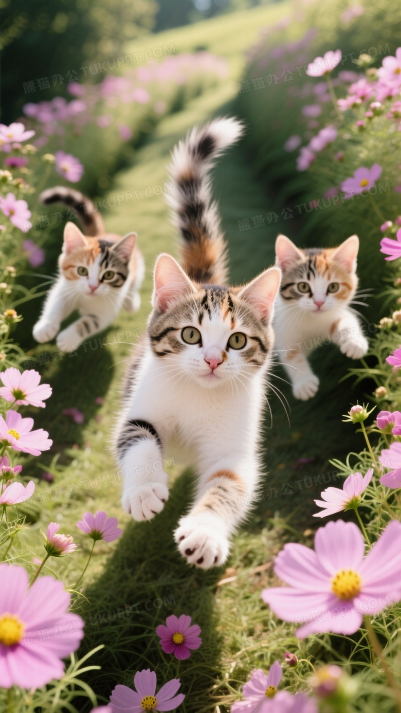 三花猫崽在波斯菊丛扑棱奔跑