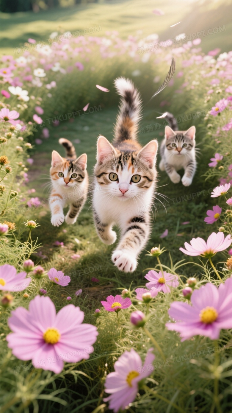 三花猫崽在波斯菊丛扑棱奔跑