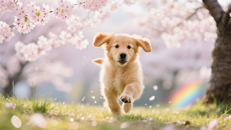 金毛幼犬在樱花树下飞奔