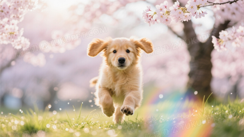 金毛幼犬在樱花树下飞奔
