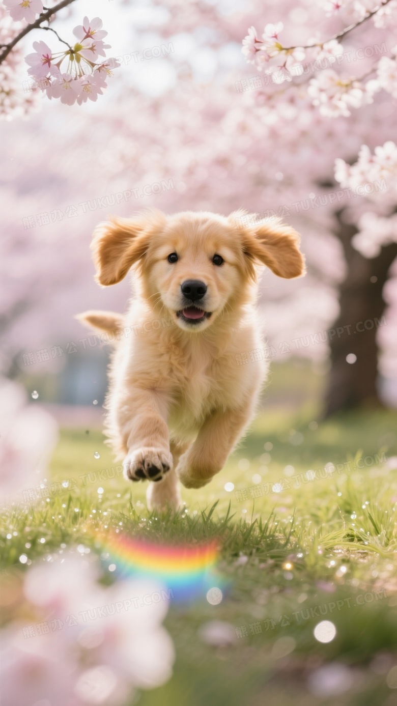 金毛幼犬在樱花树下飞奔