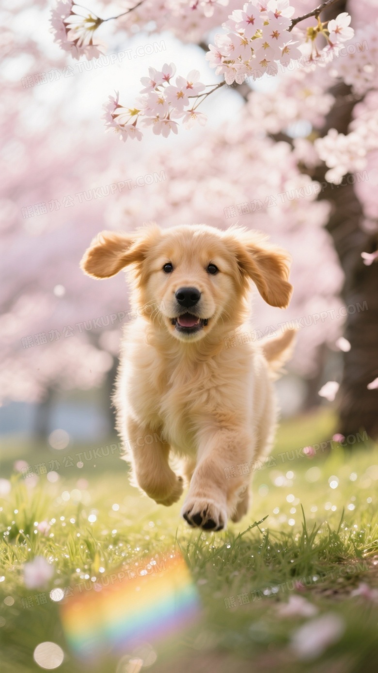 金毛幼犬在樱花树下飞奔