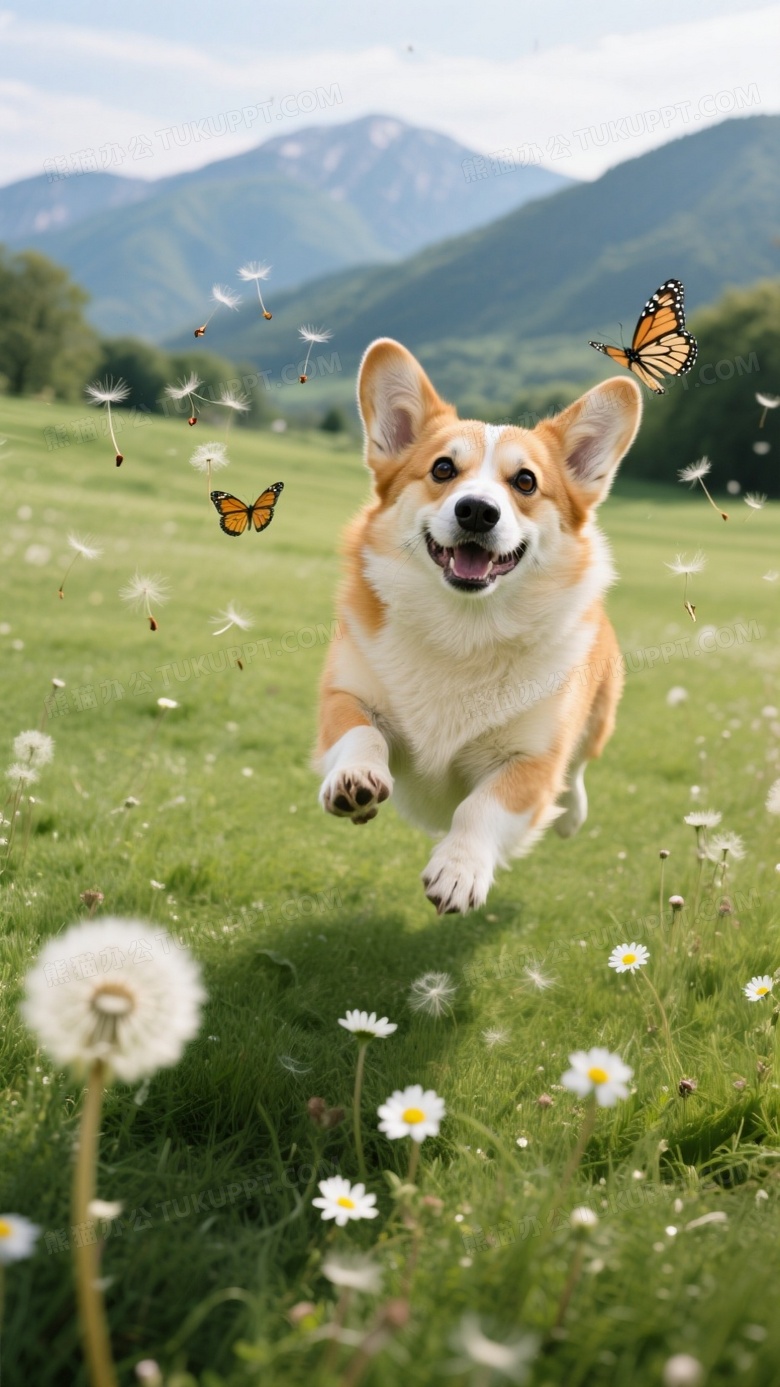 柯基犬跃起追逐蝴蝶广角镜头俯拍翠绿草坪延伸至远山