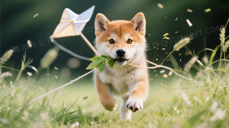 柴犬幼崽叼着风筝线奔跑