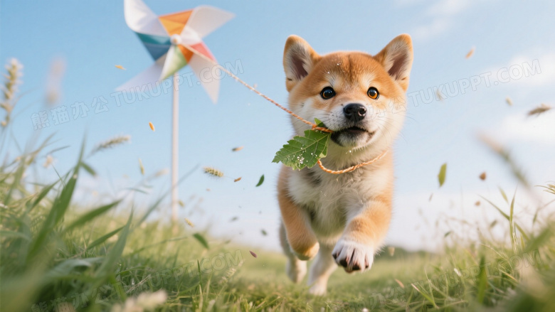 柴犬幼崽叼着风筝线奔跑
