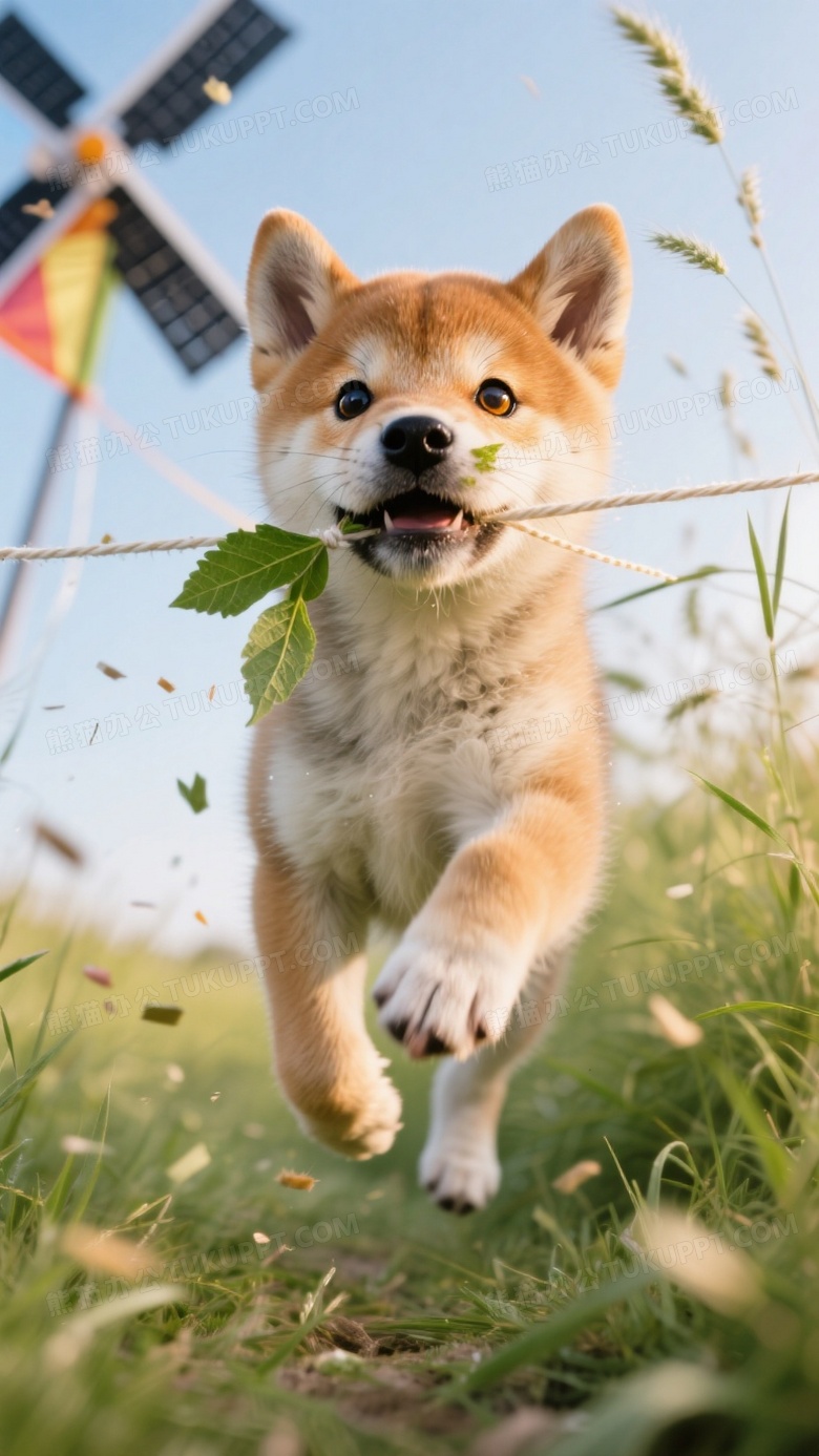 柴犬幼崽叼着风筝线奔跑