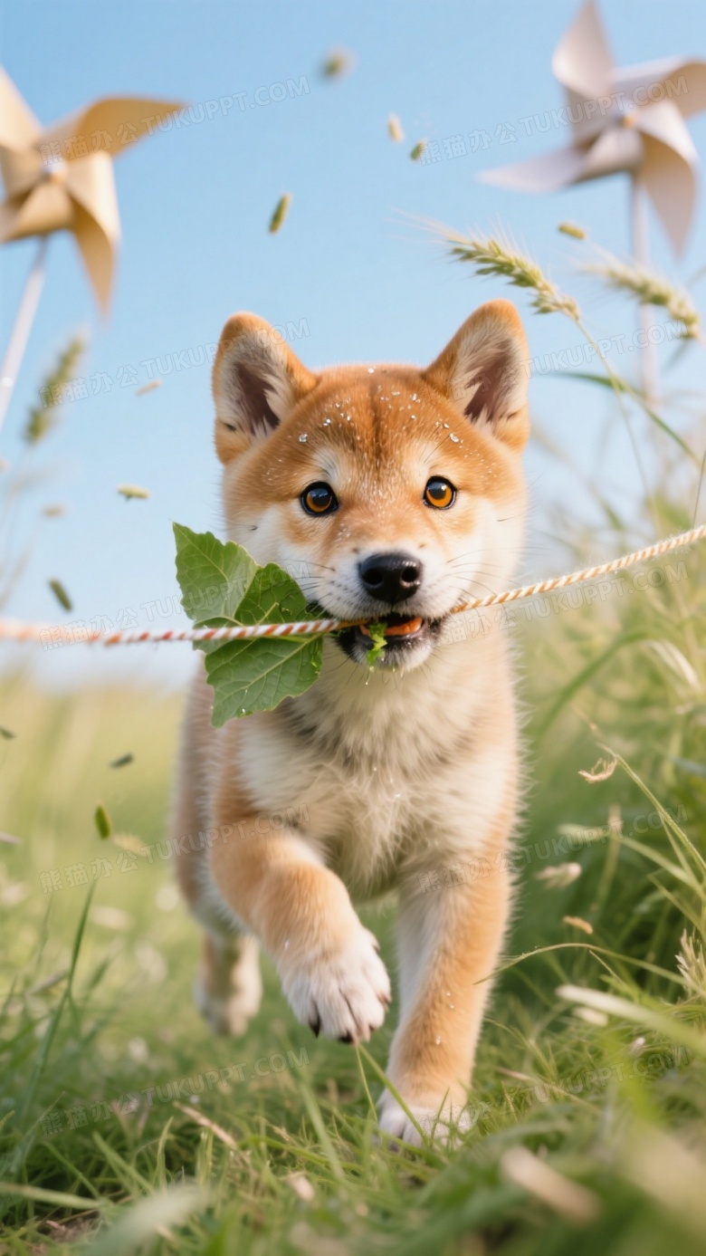 柴犬幼崽叼着风筝线奔跑