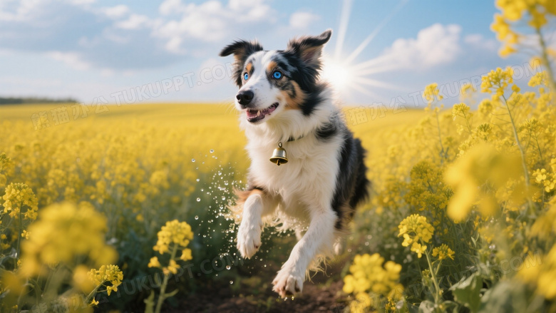 边牧犬穿越油菜花田长焦镜头压缩金色花浪空间