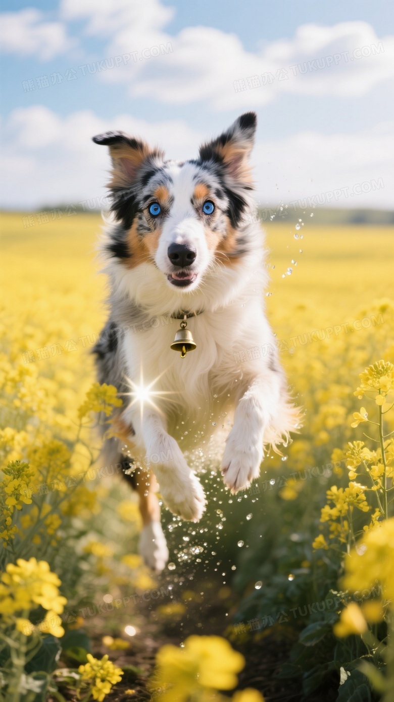 边牧犬穿越油菜花田长焦镜头压缩金色花浪空间