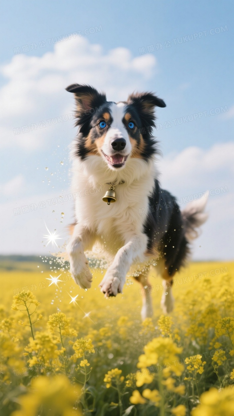 边牧犬穿越油菜花田长焦镜头压缩金色花浪空间