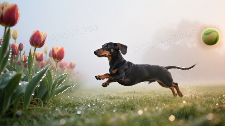 腊肠犬在晨雾草坪追逐网球