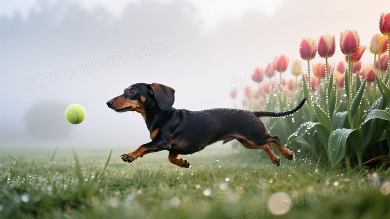 腊肠犬在晨雾草坪追逐网球