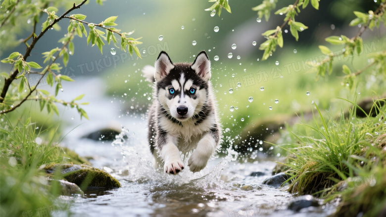 哈士奇幼犬跃过小溪水花
