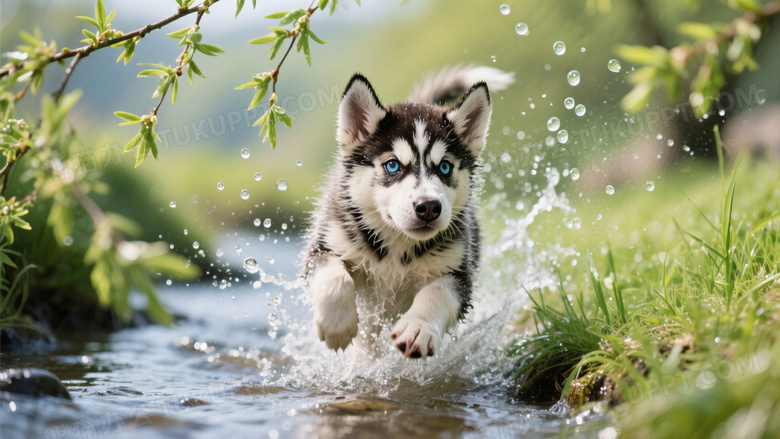 哈士奇幼犬跃过小溪水花