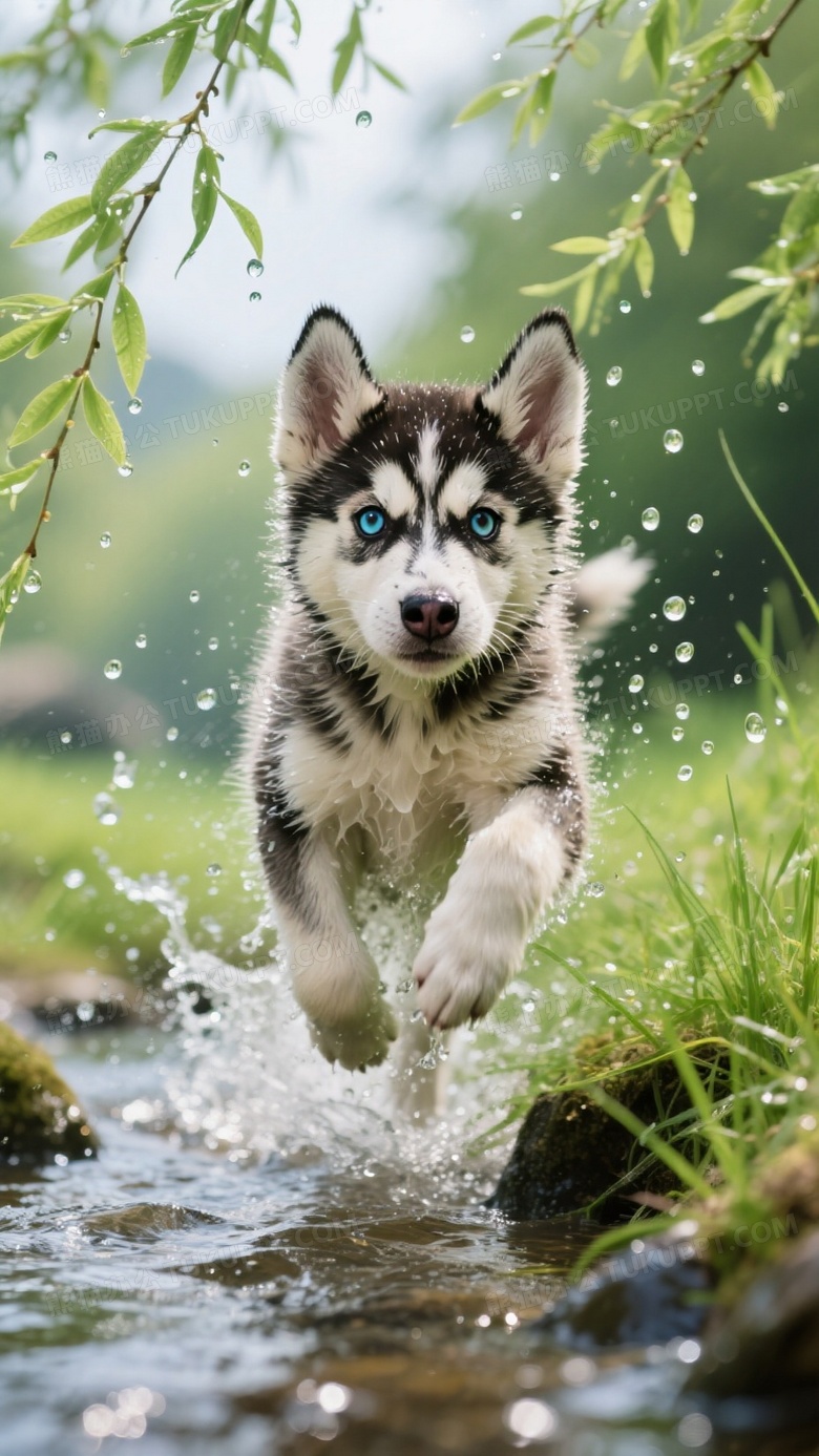 哈士奇幼犬跃过小溪水花