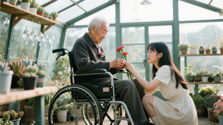 玻璃花房内跨代互动抓拍