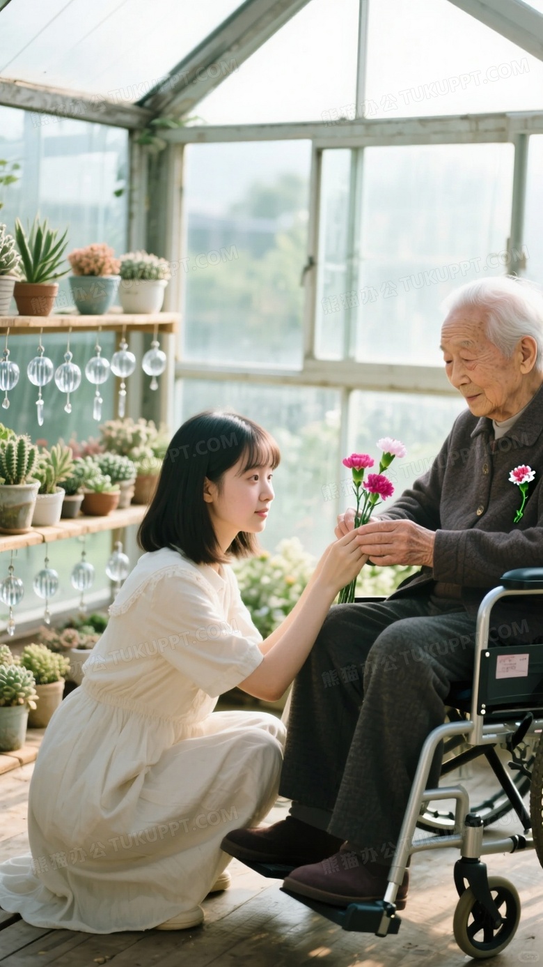 玻璃花房内跨代互动抓拍