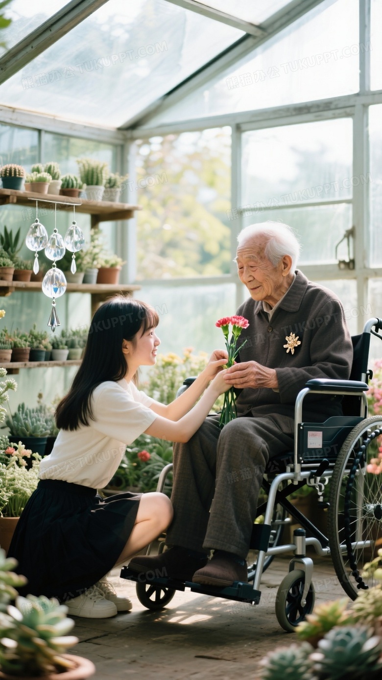 玻璃花房内跨代互动抓拍