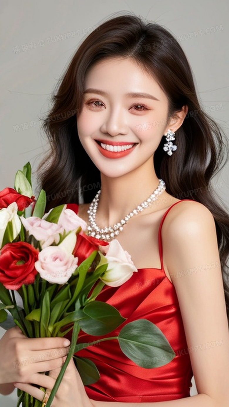 美女抱着一束鲜花开心的笑