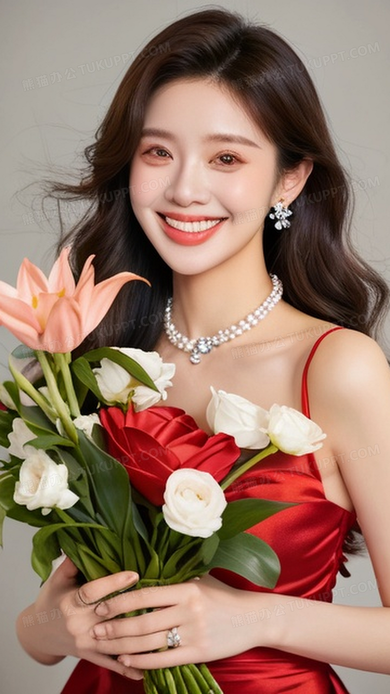 美女抱着一束鲜花开心的笑