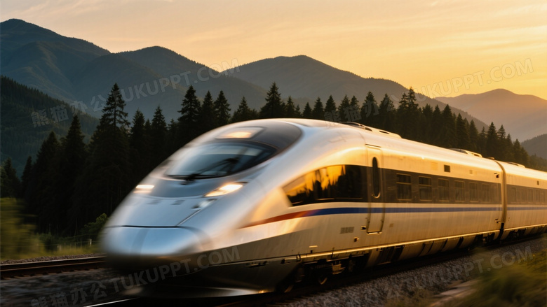 金色黄昏中的动车组特写