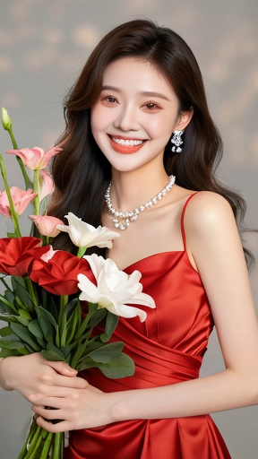 美女抱着一束鲜花开心的笑