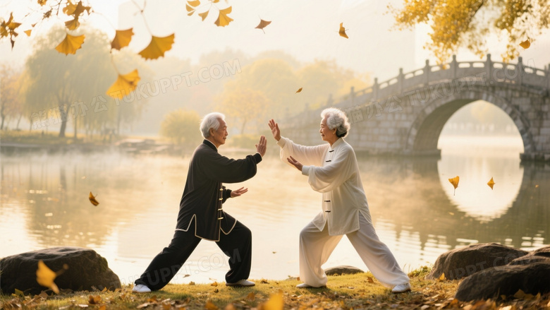 晨曦公园湖滨太极晨练