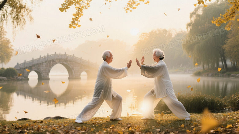 晨曦公园湖滨太极晨练