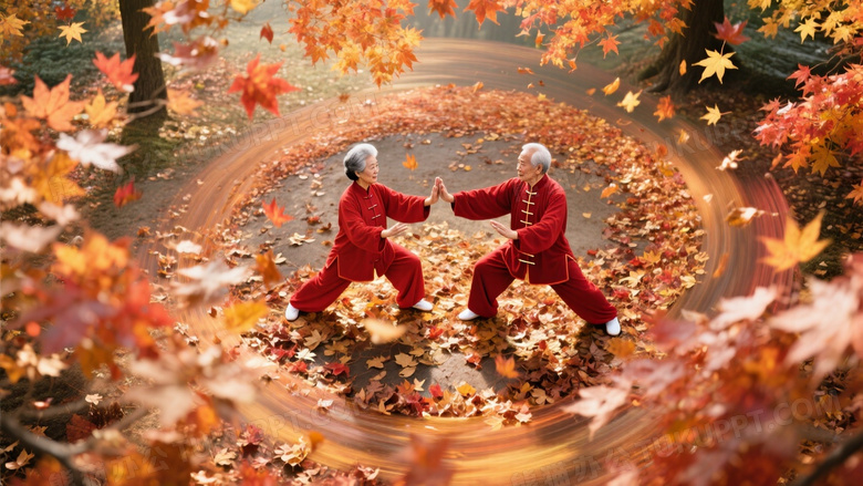 秋日枫林双人太极图绛红练功服的老年夫妻在金红枫叶雨中做揽雀尾