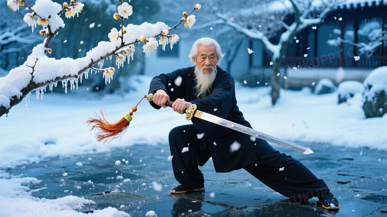 雪霁梅园太极剑特写鹤发老人持剑做金鸡独立式