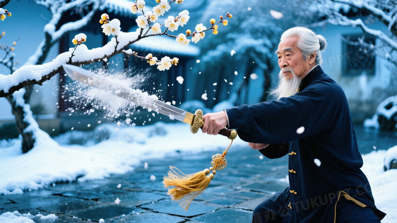 雪霁梅园太极剑特写鹤发老人持剑做金鸡独立式