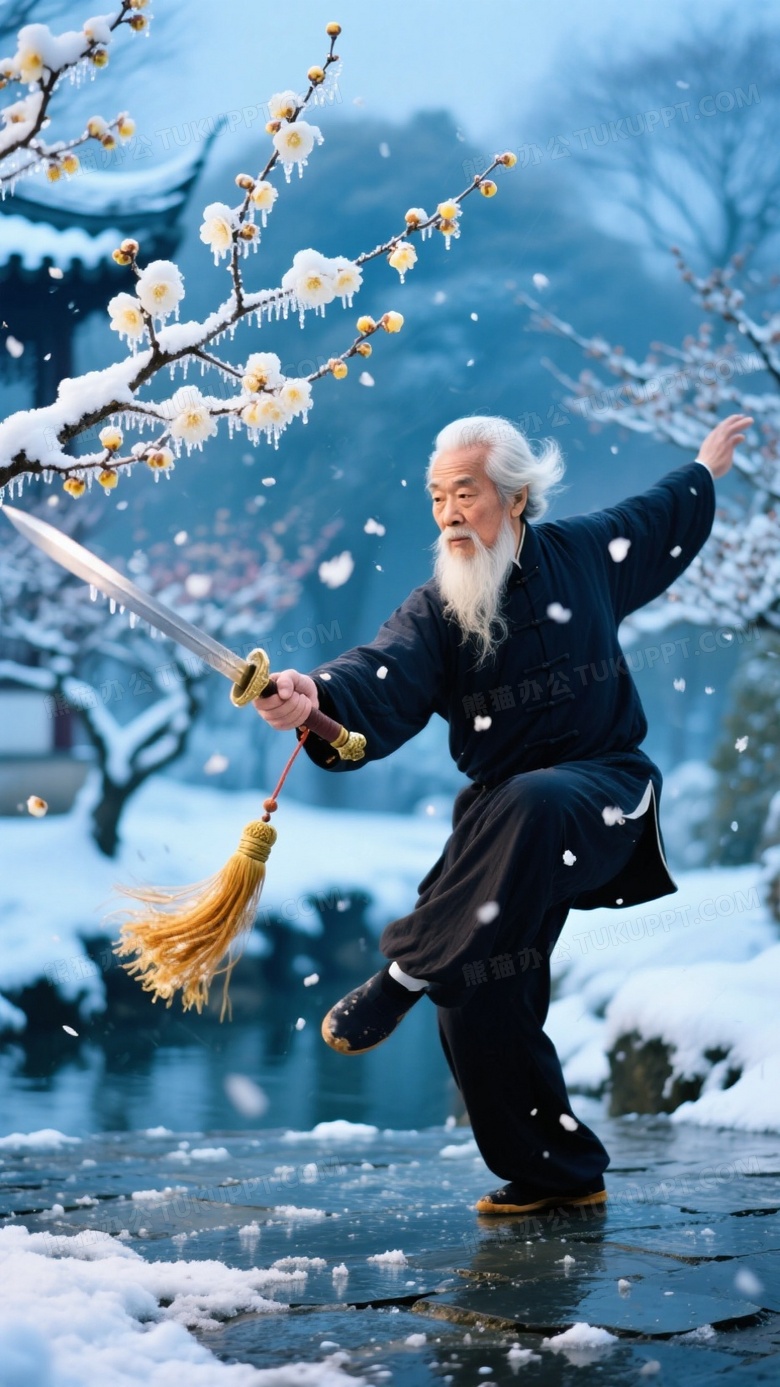 雪霁梅园太极剑特写鹤发老人持剑做金鸡独立式