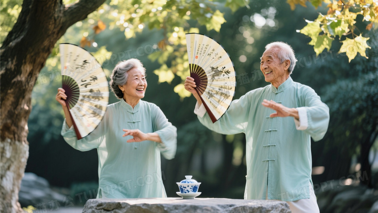 夏日梧桐太极扇纪实竹青纱褂老夫妻在树荫下同步开扇
