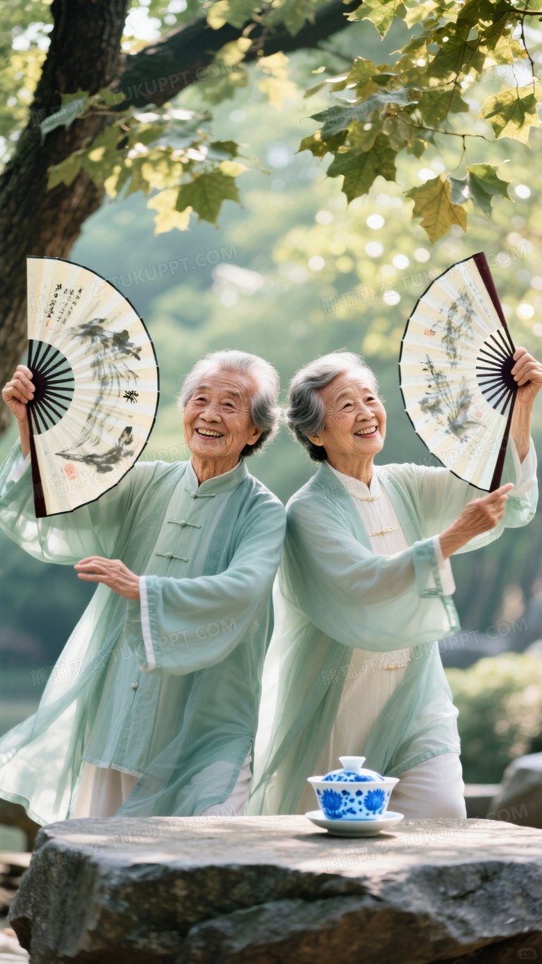 夏日梧桐太极扇纪实竹青纱褂老夫妻在树荫下同步开扇