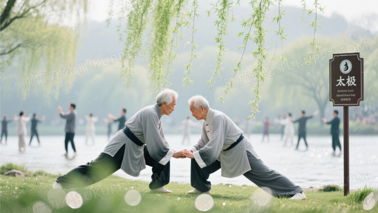 春分杨柳岸双人太极淡灰练功服搭配黛色腰带
