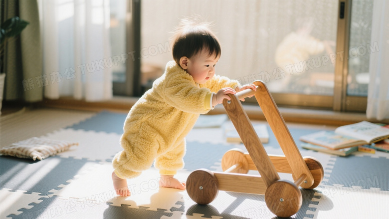 一岁半亚裔男宝宝扶着橡木学步车踉跄前行