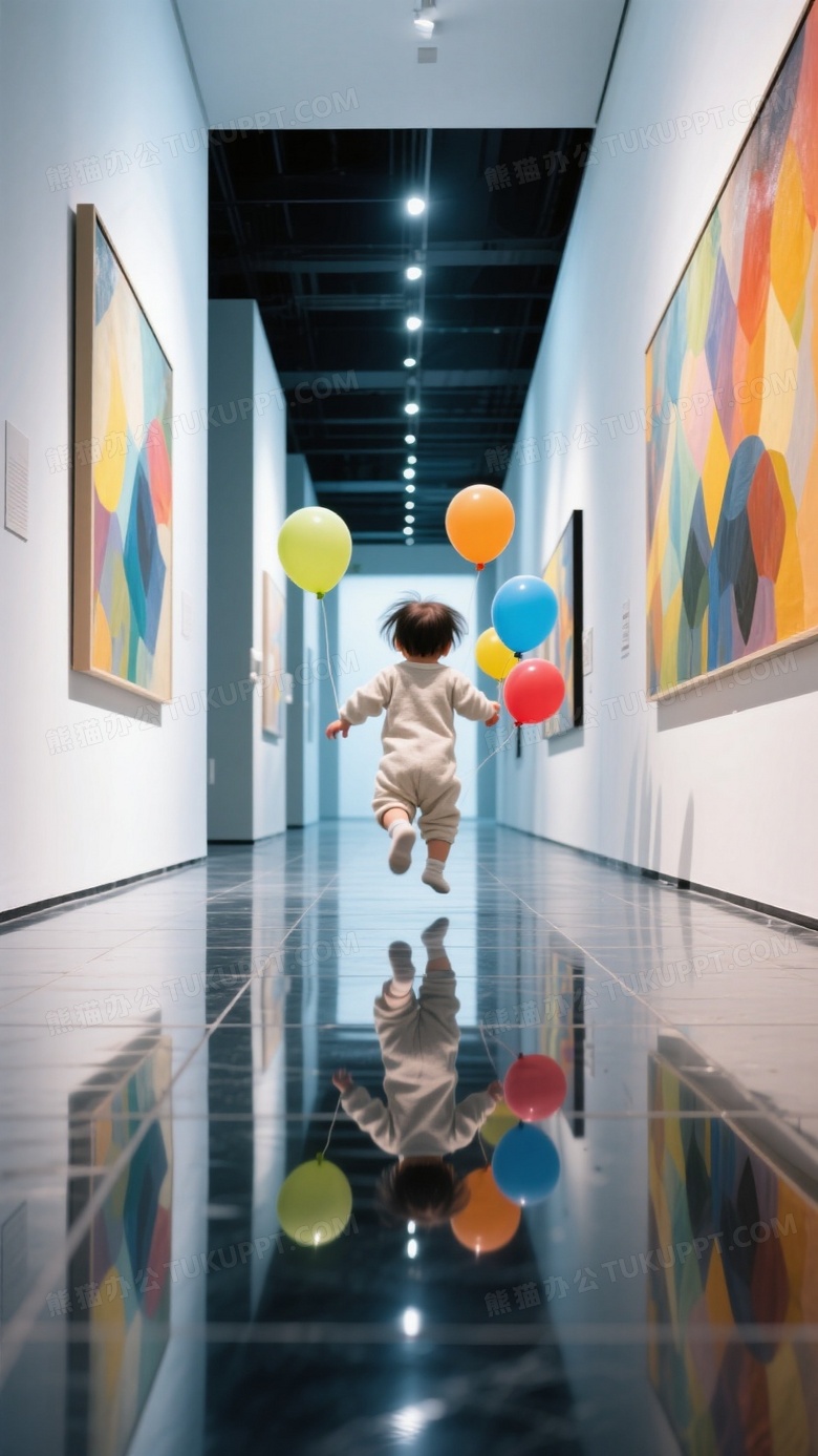 现代美术馆长廊中宝宝追逐彩色气球