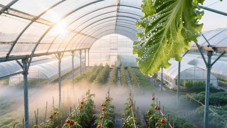 清晨阳光穿透弧形温室玻璃顶