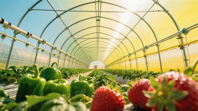 正午强光下薄膜温室内部全景