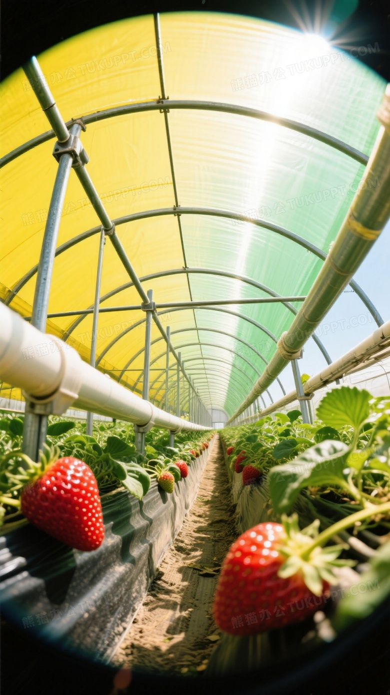 正午强光下薄膜温室内部全景