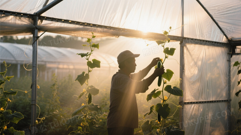 逆光拍摄温室剖面图夕阳光束穿透黄瓜藤蔓形成丁达尔效应