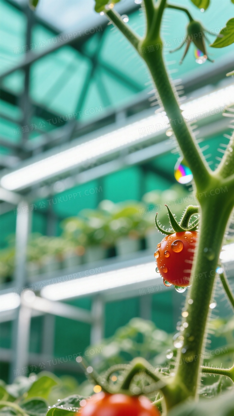 微距特写玻璃温室番茄植株