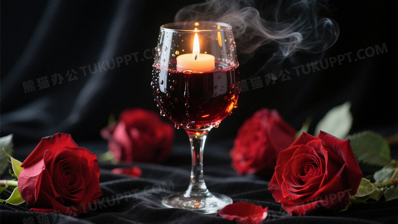 暗红玫瑰花瓣环绕高脚杯摄影