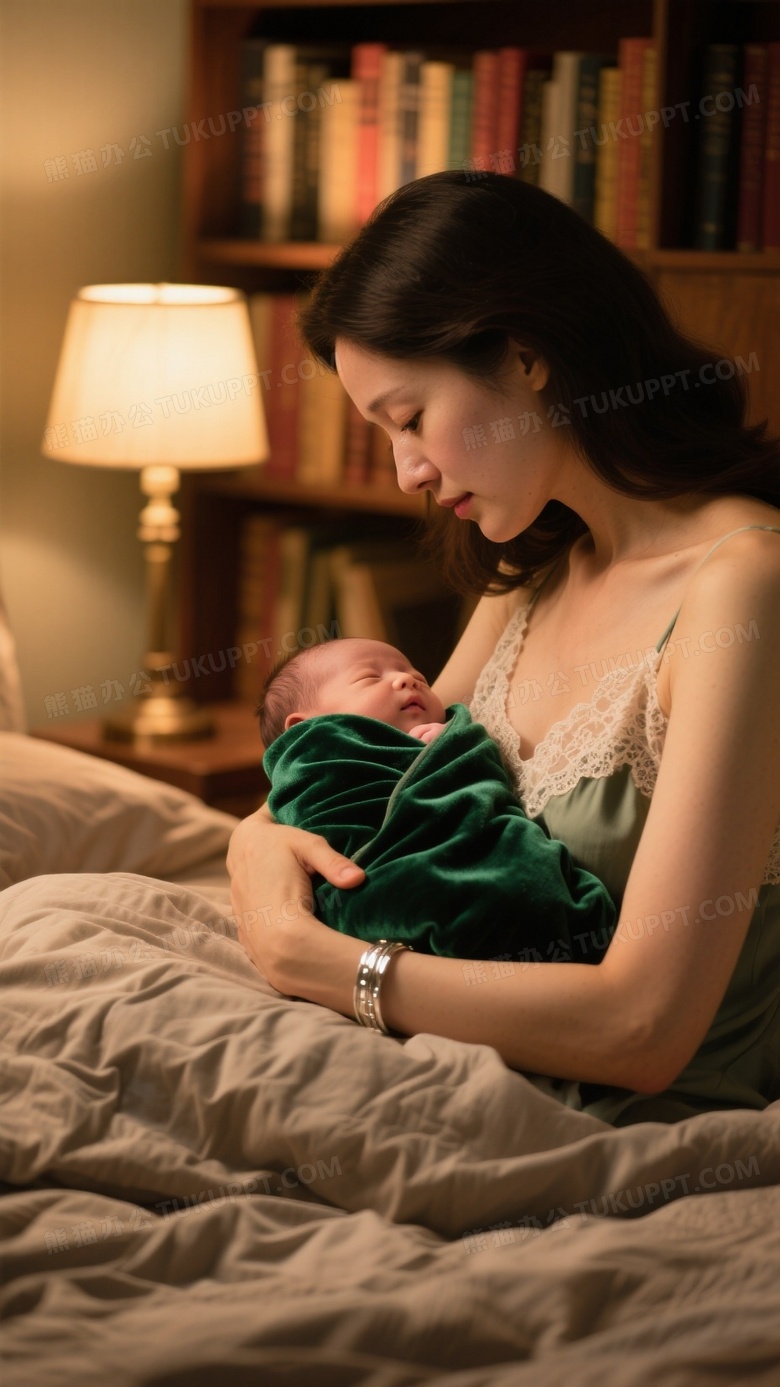 电影感哺乳场景摄影暖调台灯照亮母亲低头凝视的侧脸