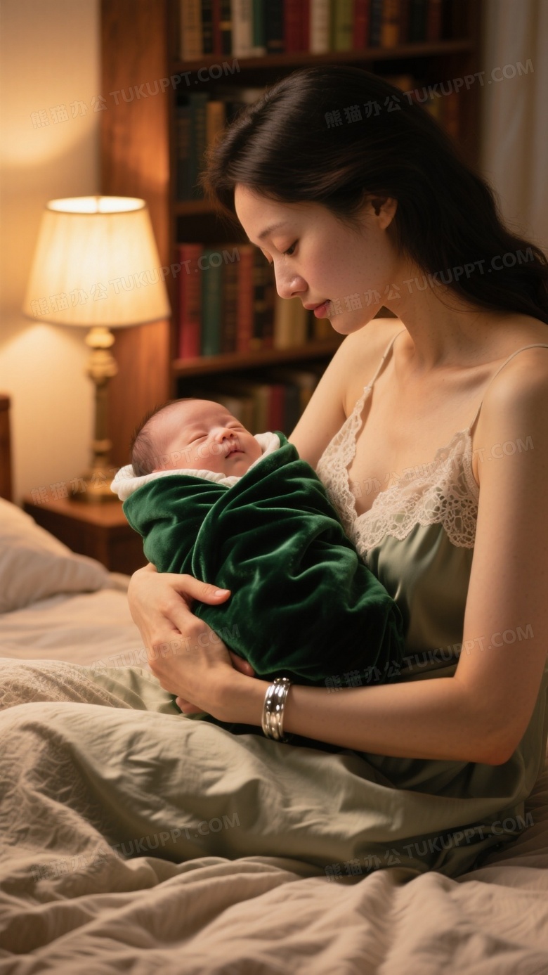 电影感哺乳场景摄影暖调台灯照亮母亲低头凝视的侧脸