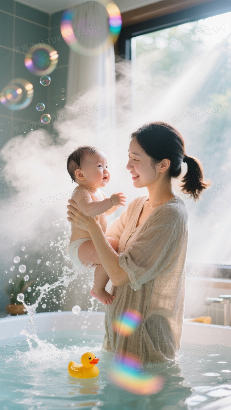晨间亲子沐浴摄影母亲扎低马尾穿亚麻家居服托举婴儿洗澡